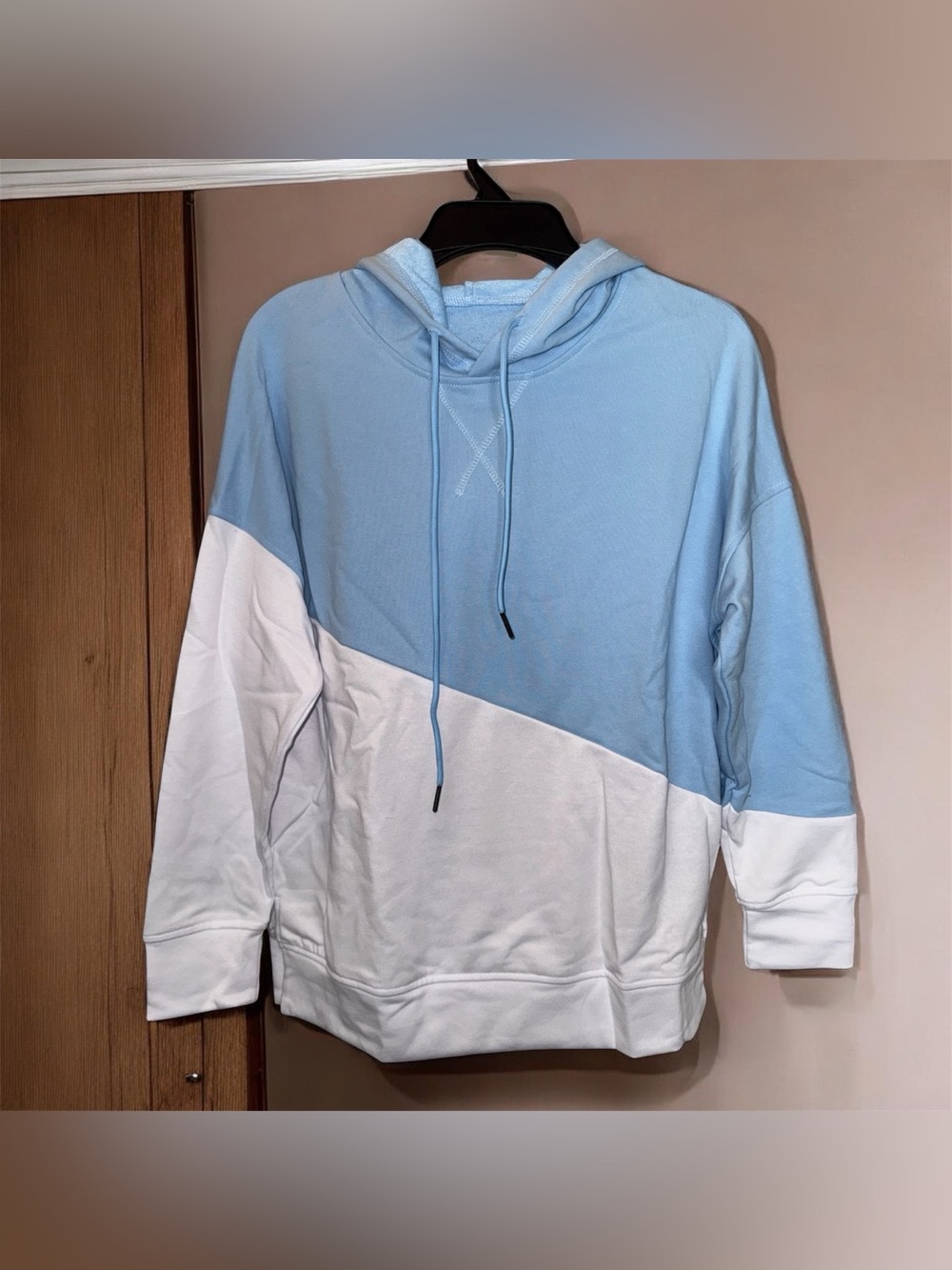Sky Blue Color Block Drop Shoulder Hoodie
